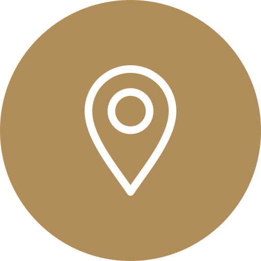 Icon of a map pin on a brown circular background.