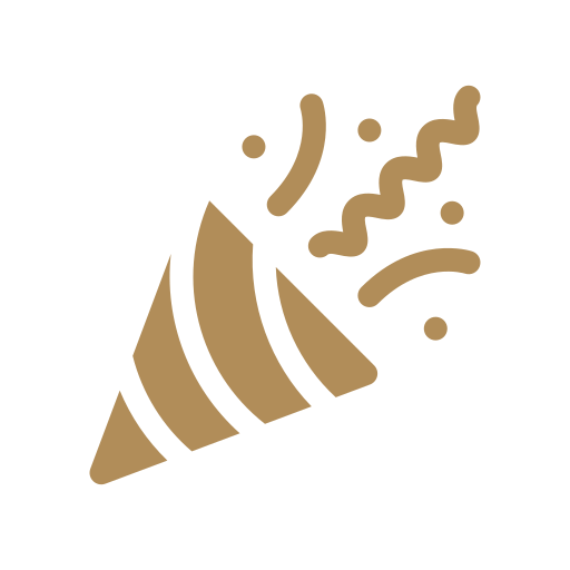 Brown birthday party horn with confetti against black background.