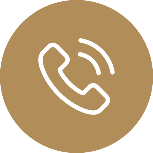 Icon of a telephone handset on a brown circular background.