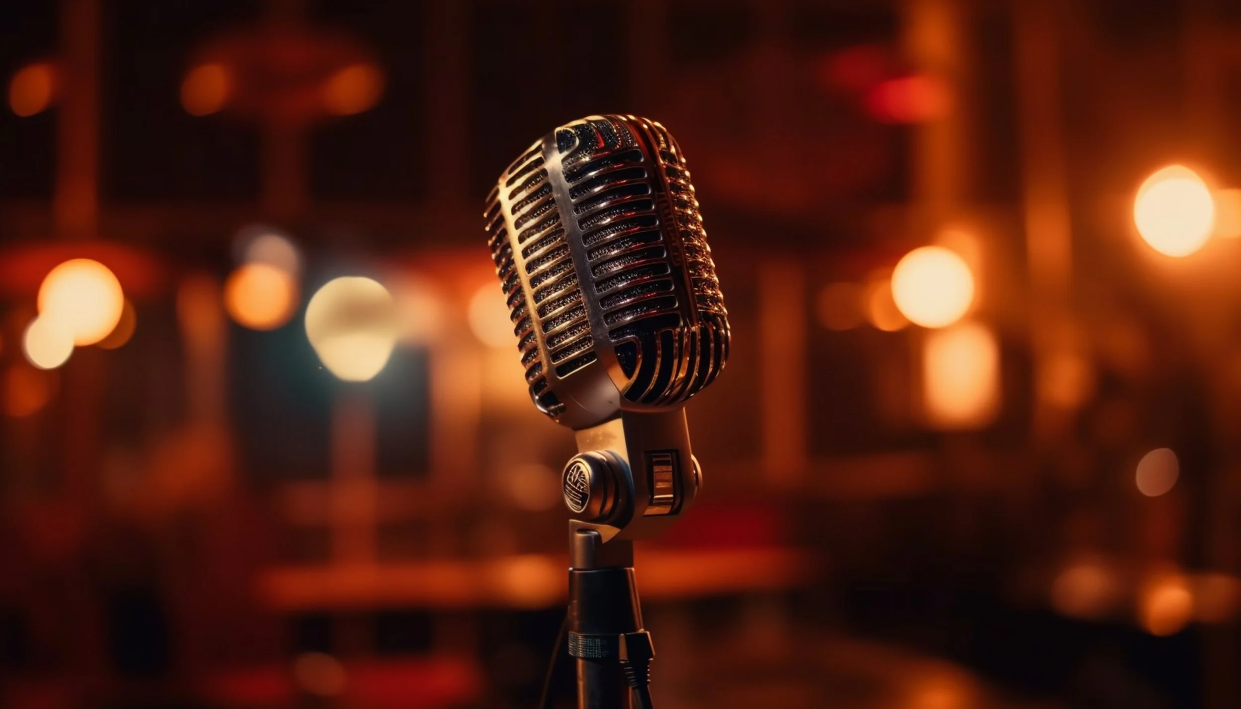 A vintage microphone on a stand with warm orange and yellow bokeh lights in the background.