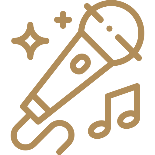 Outline of a microphone with musical notes and sparkles.