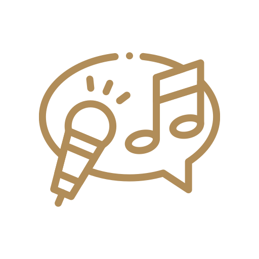 Icon of a microphone with sound waves inside a speech bubble, and musical notes