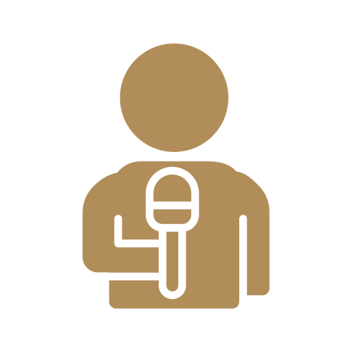 Icon of a person holding a microphone, representing a speaker or presenter.