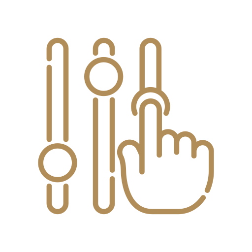 Line drawing of a hand with a pointing finger and three vertical sliders or controls, all in a beige color on a black background.