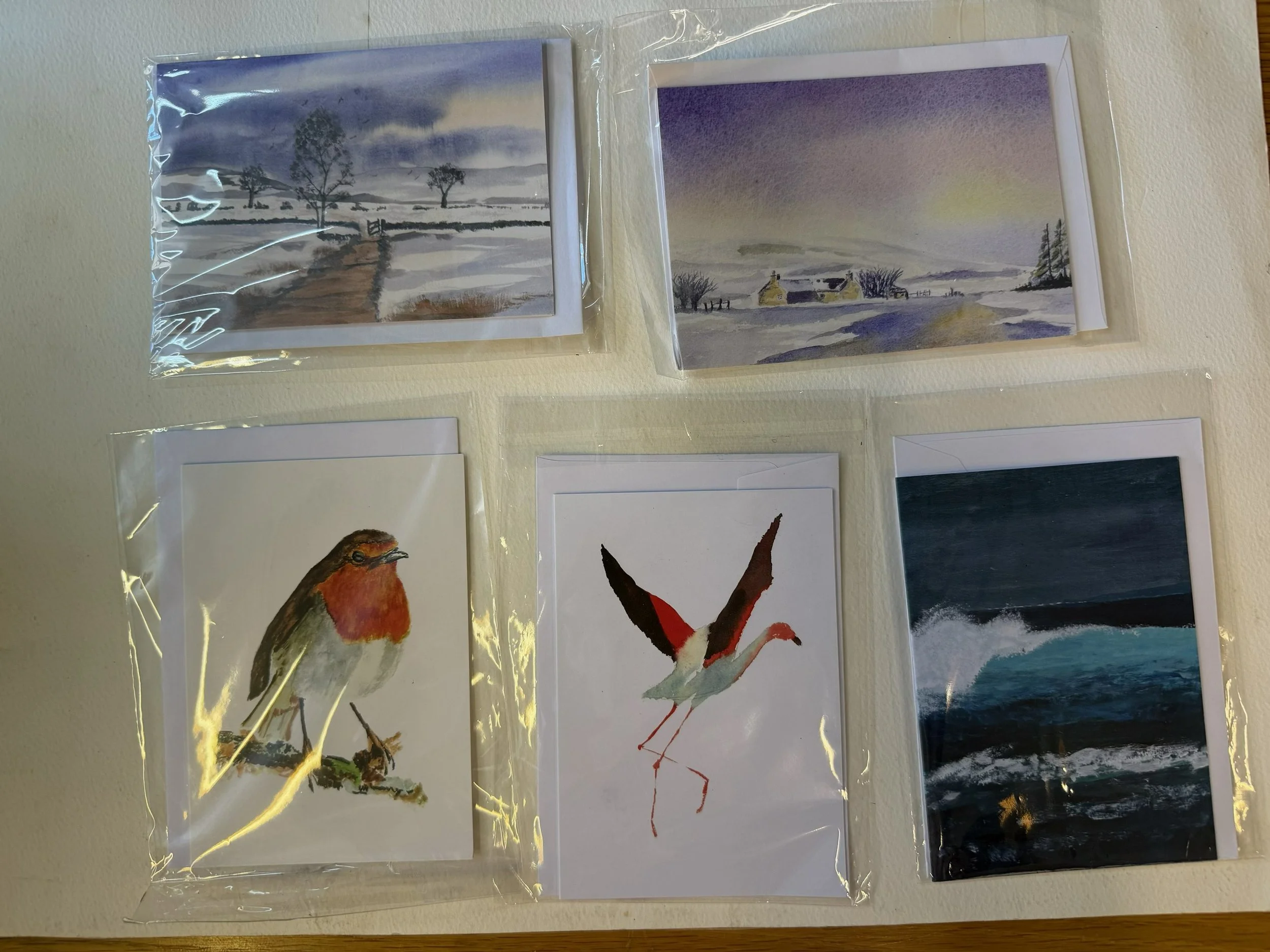 Set of watercolor paintings depicting different landscapes and wildlife, including a snowy winter scene with trees and a fence, a sunset or sunrise over a rural area with houses and trees, a bird, and a red and black bird in flight.