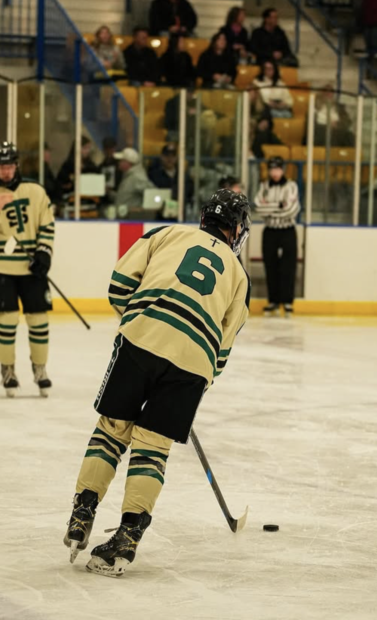 Hockey player on ice rink, wearing yellow and green jersey with number 6, handling the puck with a hockey stick, near other players and spectators in the background.