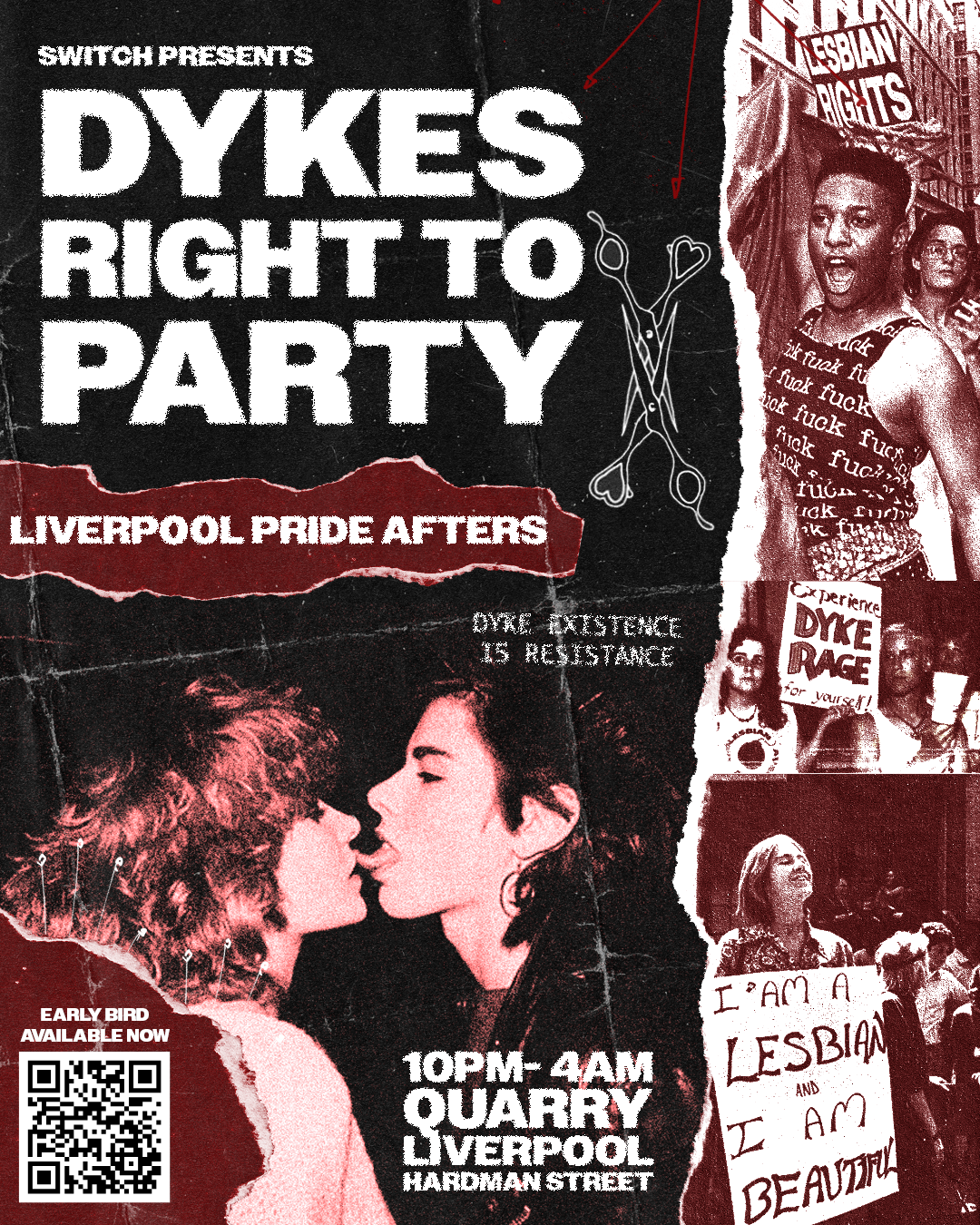 Poster for Dyke rights to party event featuring images of two women and a collage of LGBTQ+ Pride images, including a protest with signs like 'I am a lesbian and I am beautiful' and 'Experience Dyke Pride for yourself.' Text includes details about Liverpool Pride after-party from 10 PM to 4 AM at Quarry Liverpool on Hardman Street.