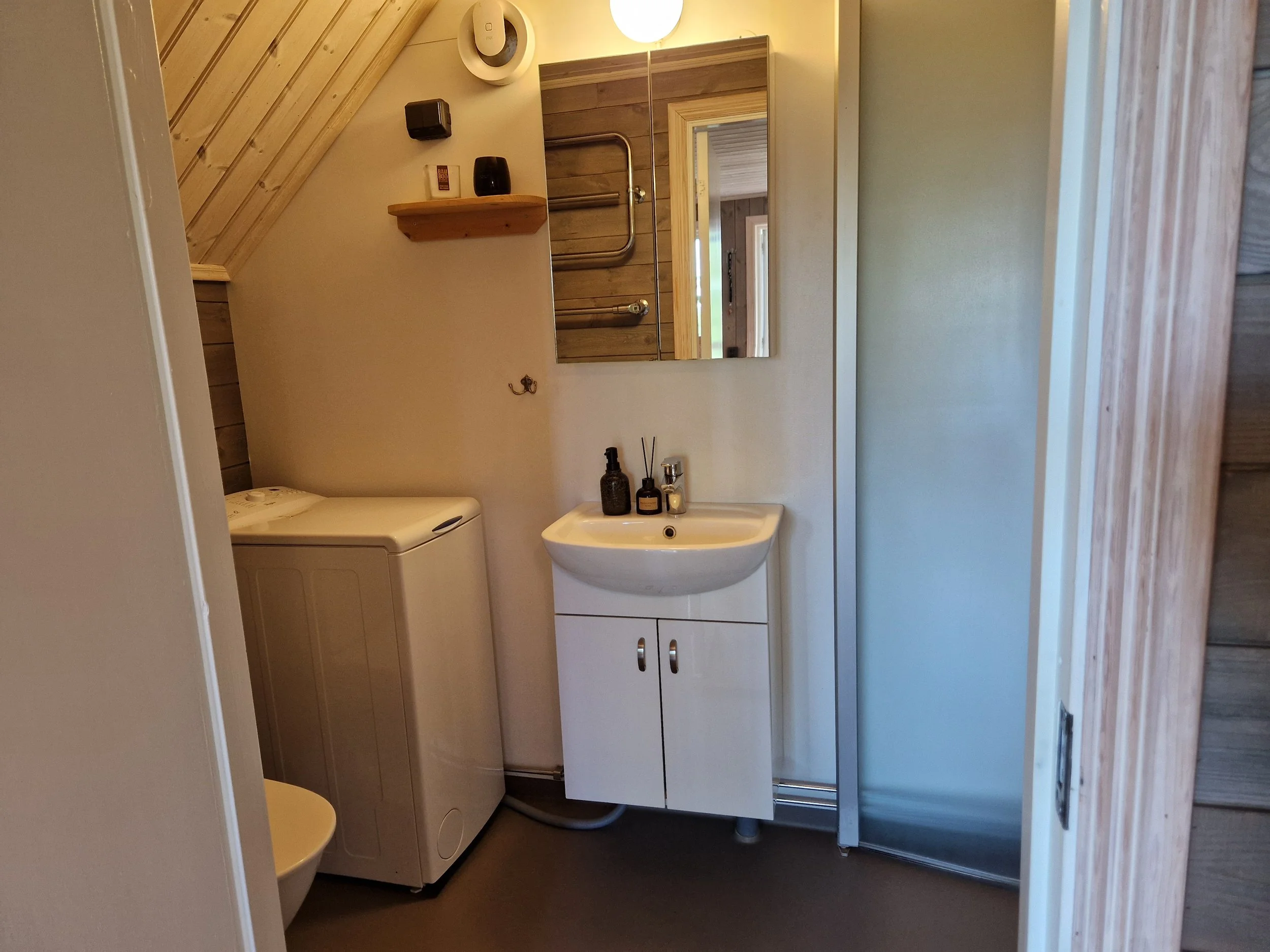 Badrum med tvättmaskin, handfat, spegel, vägglampa och radiator.