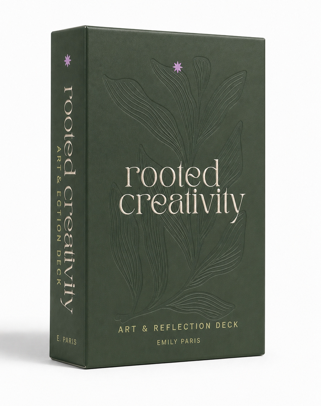 Green box titled "Rooted Creativity" with a floral pattern, containing an art and reflection deck by Emily Paris.