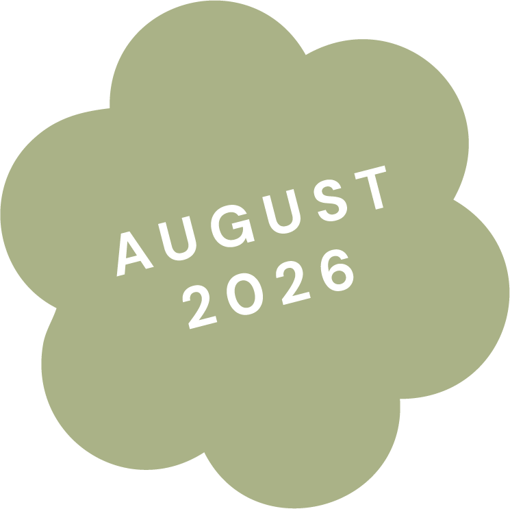 A light green, cloud-shaped graphic with the text 'AUGUST 2026' in white in the center.
