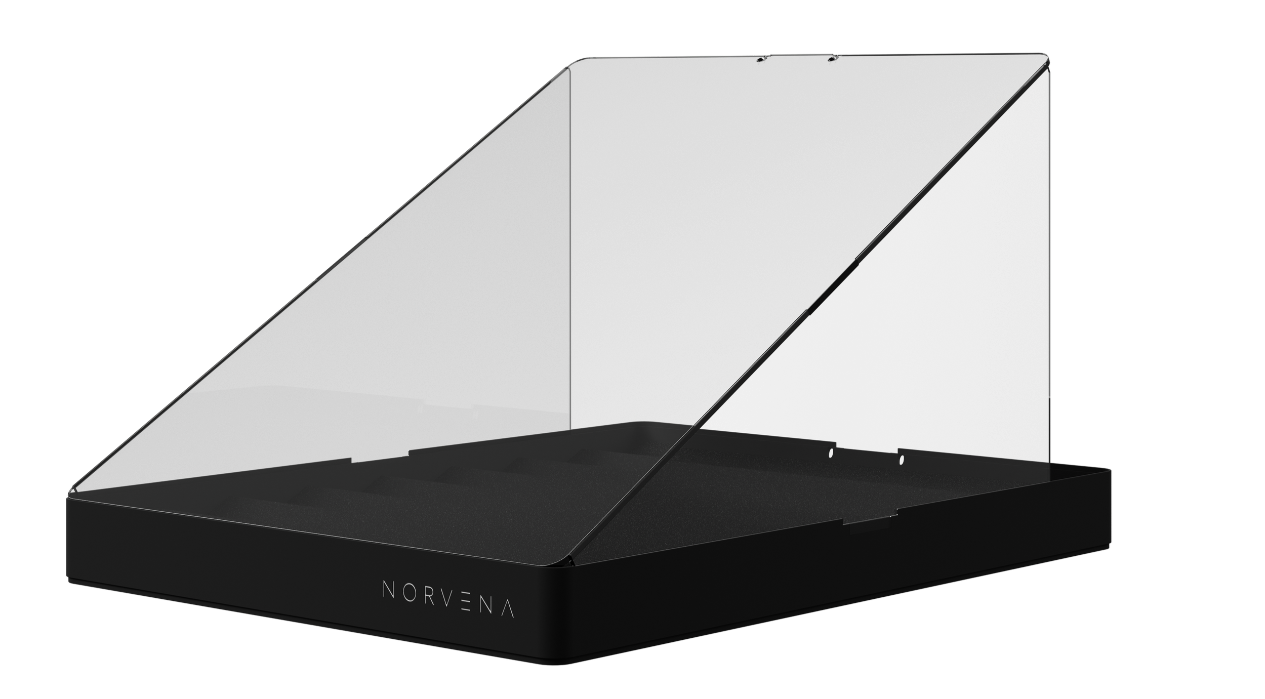 Black jewelry display stand with a clear acrylic cover and the word 'NORVENA' written on the front
