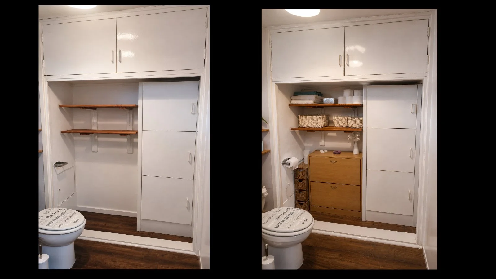 Custom made doors for the top section. Boxed in the fuse box and meters. Created shelfing for toiletries.