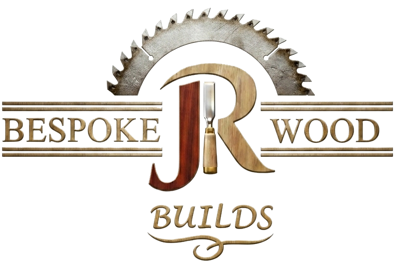 Logo for JR Bespoke Wood Builds, featuring a saw blade and a chisel incorporated into the design.