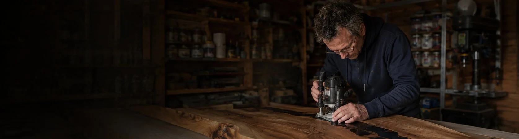 A man working with a tool on a large wooden slab in a woodworking shop.