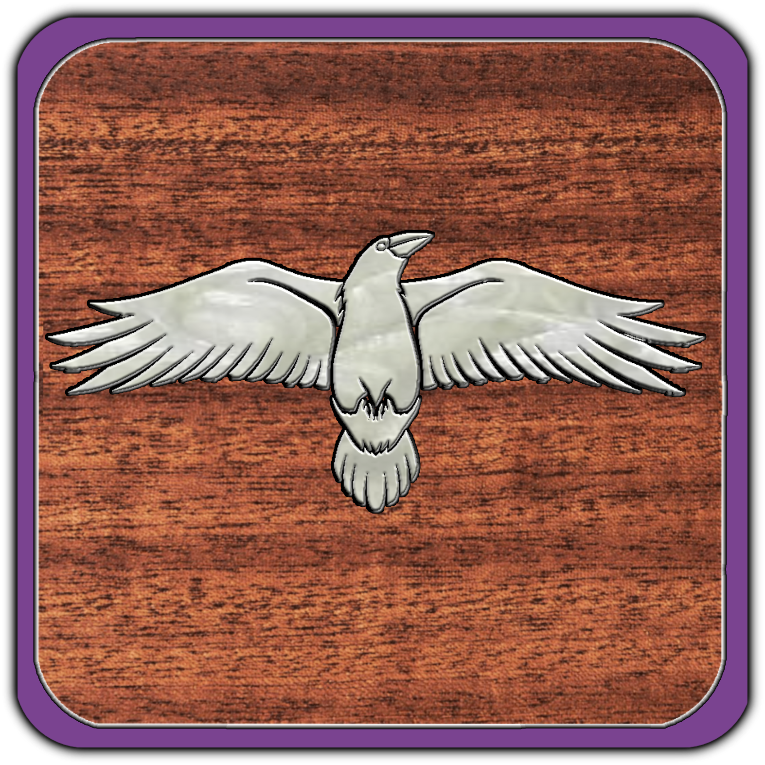 A metal emblem of a dove with outstretched wings mounted on a wooden surface, framed by a purple border.