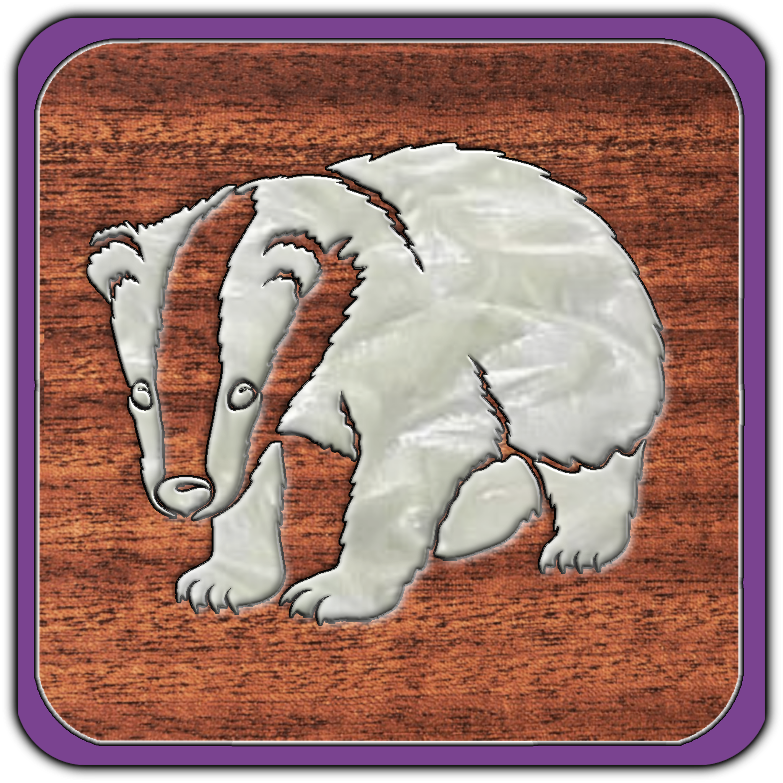A metallic elephant-shaped logo on a wooden background, enclosed within a purple rounded square.