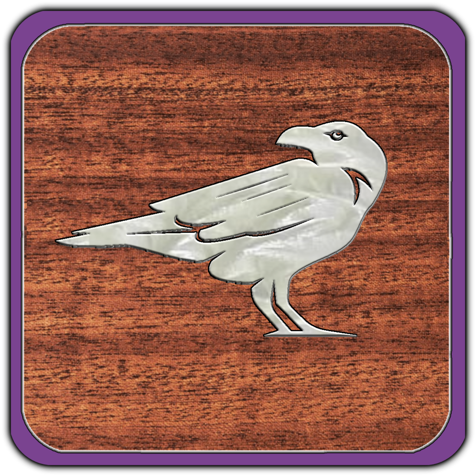 Metallic eagle emblem mounted on a wood background with purple border.