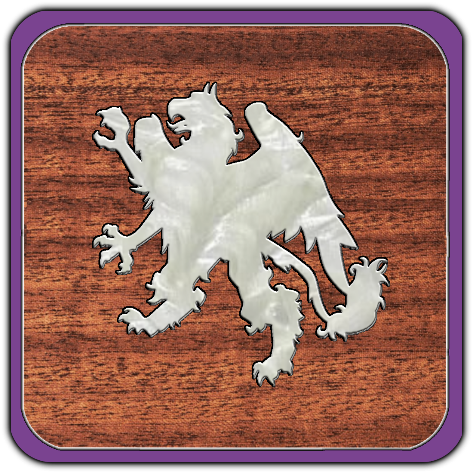 A silver lion emblem on a wooden background, framed with a purple border.