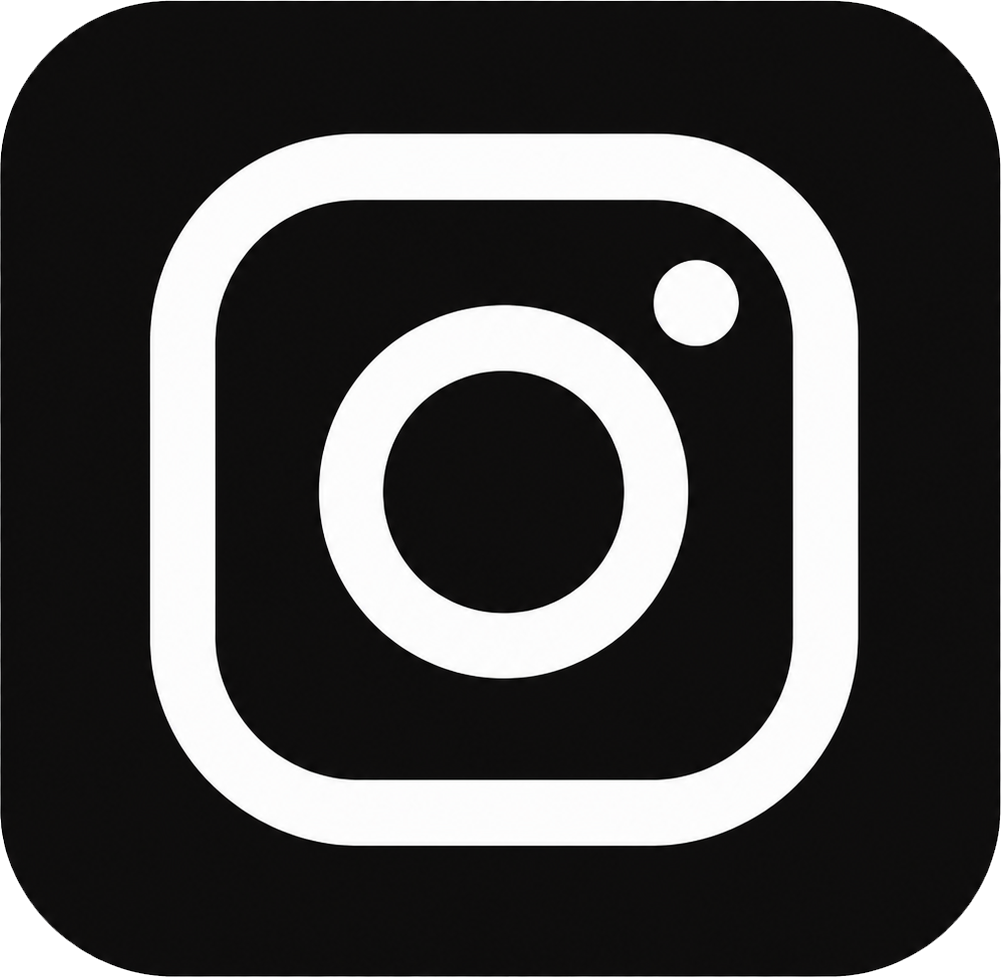 Black and white icon of a camera with a rounded square shape, a circular lens in the center, and a small circle in the top right corner, representing the Instagram logo.