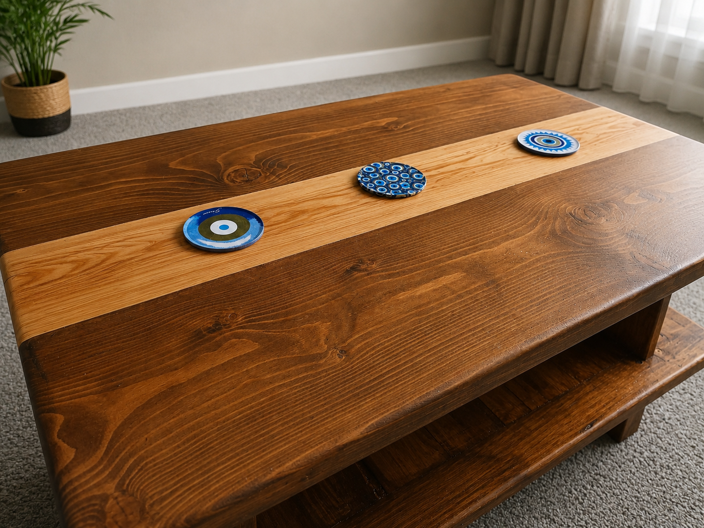 Stained Pine and Ash used for contrast. Sealed and water proofed to protect for everyday use. 