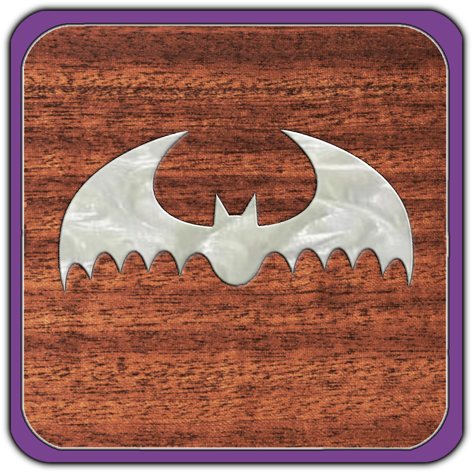 A silver bat symbol on a wooden surface with purple borders.