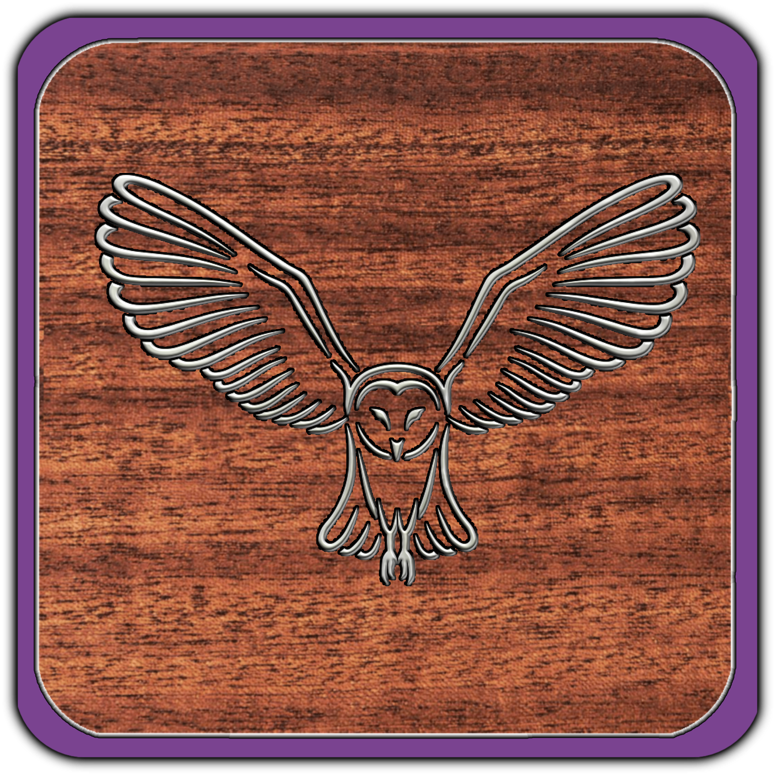 Metal owl-shaped brooch on a wooden surface.