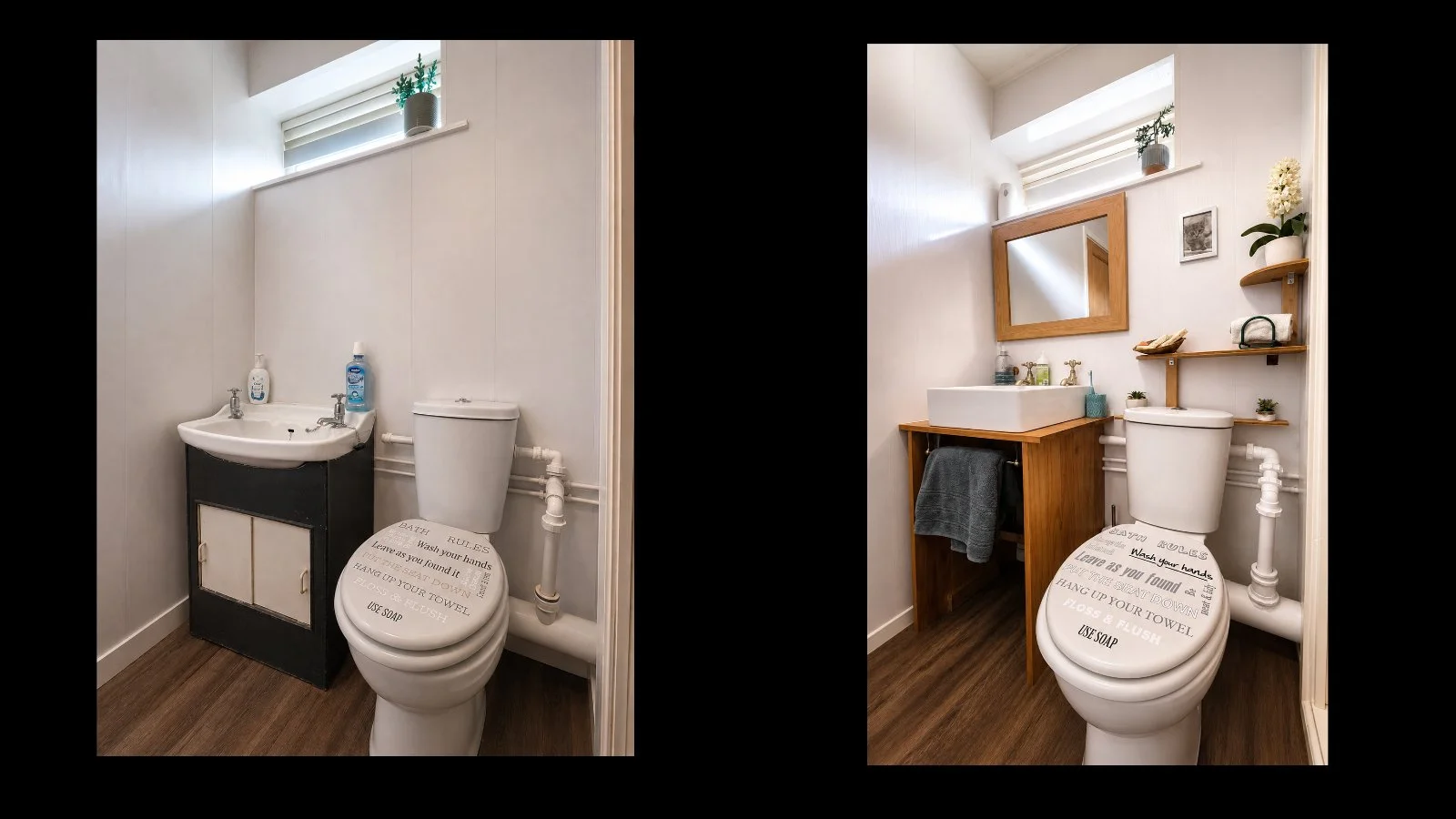 Original on the left with old small sink and unit. New sink and unit, towel rail and shelfing fitting around the toilet on the right. 