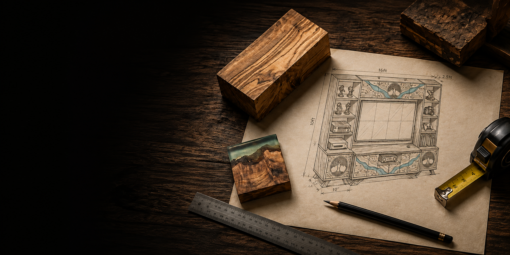 Woodworking plan for entertainment center with measurements, wooden blocks, ruler, measuring tape, and pencil on a wooden table.
