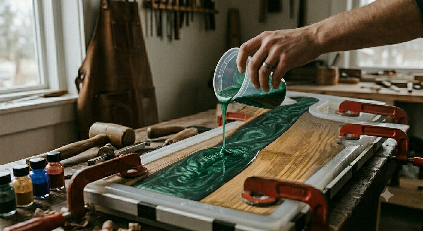 A person pouring green resin with marbled swirl pattern onto a wooden piece clamped to a worktable in a woodworking shop.