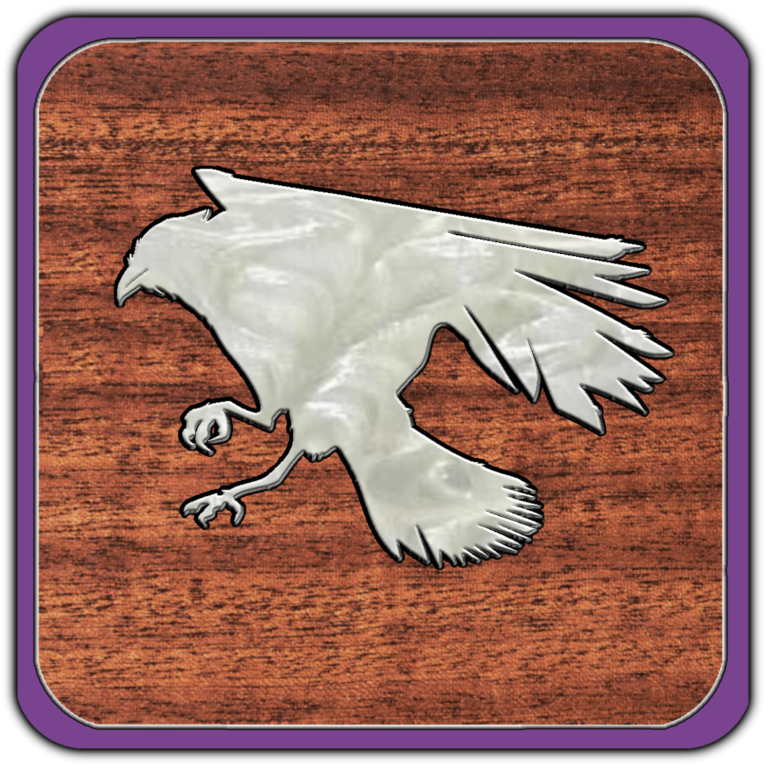 A metallic eagle emblem on a wooden background with a purple border.
