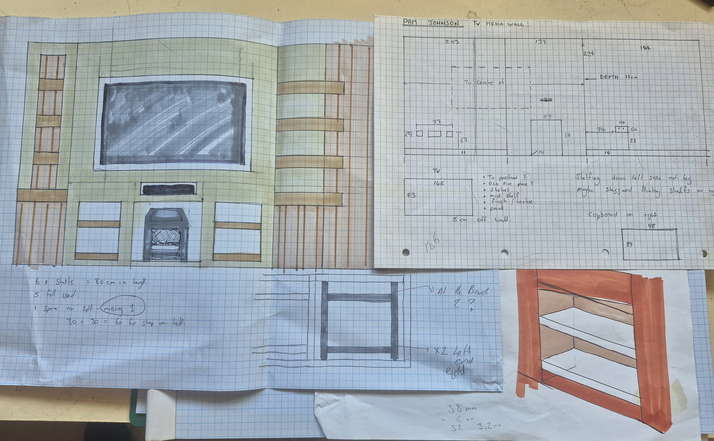 Client wanted to add completely new elements including extra recess and shelfs either side of fire. 