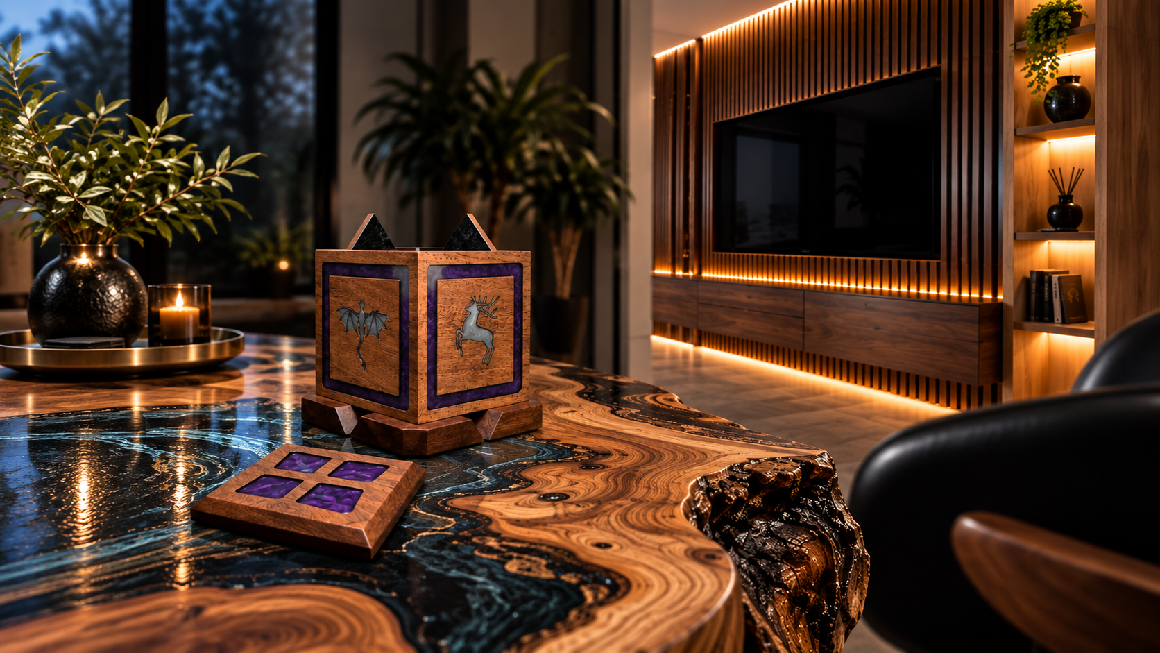 Living room with a wooden entertainment center, a large flat-screen TV, potted plants, and decorative candles, illuminated by warm ambient lighting.