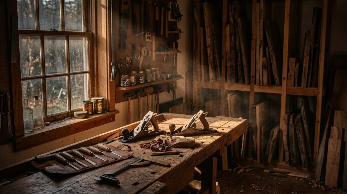 A rustic woodworking workshop with a large window, sunlight illuminating a wooden workbench covered with hand tools, sawdust, and wood shavings, surrounded by shelves holding jars and wood pieces, with wood panels leaning against the walls.