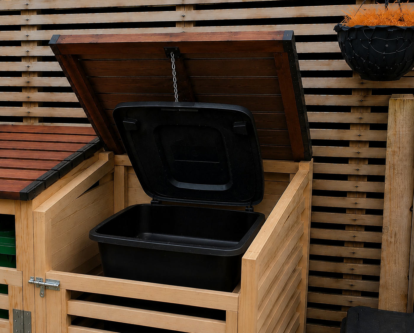 The hinged lids are designed to open the bin lids simultaneously, allowing access without the need to touch the bins themselves.