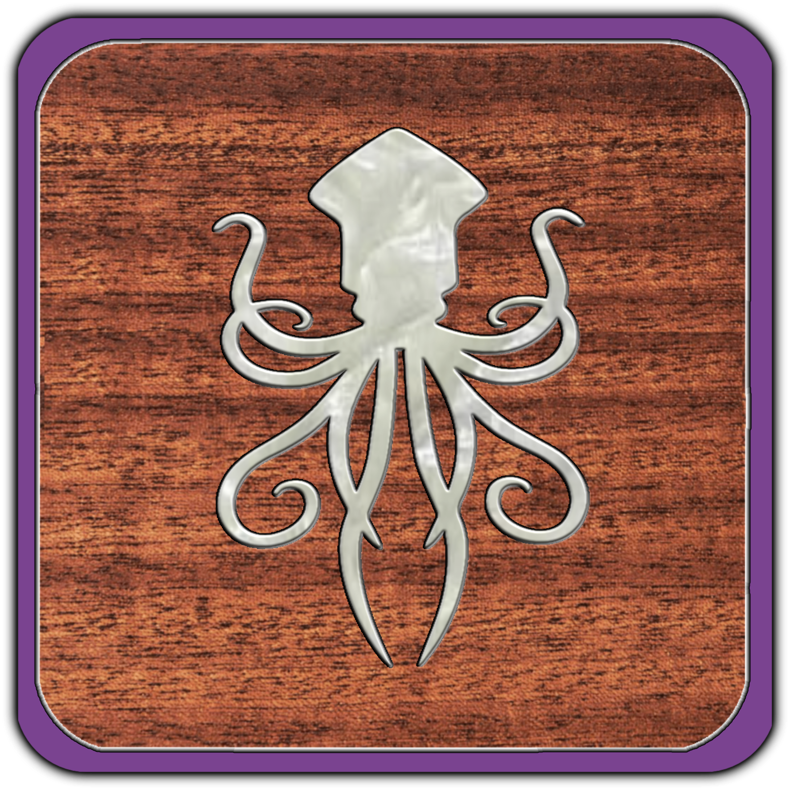 A metal octopus logo mounted on a wooden background.
