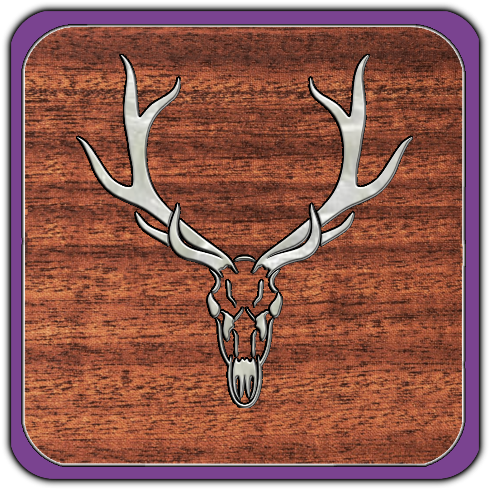 A silver deer skull with antlers on a wooden background, framed with a purple border.