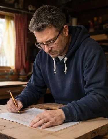 Man in glasses, wearing a dark hoodie, writing at a wooden table in a cozy room with wood shelves and red curtains.