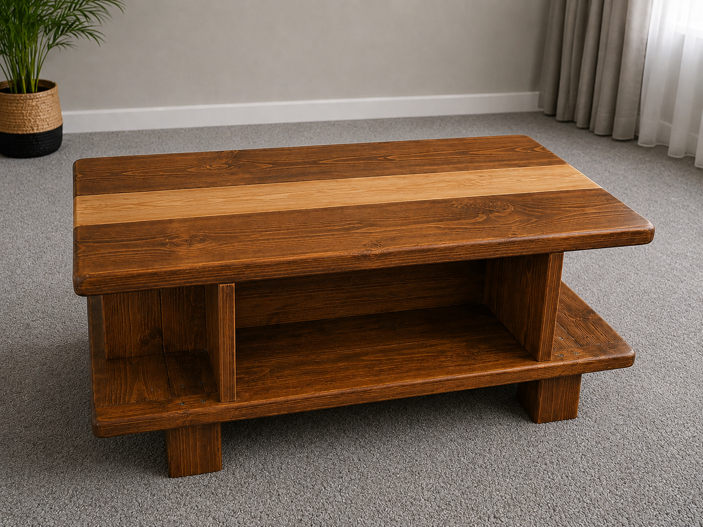 Drawers and cupboard doors were avoided to prevent the table feeling bulky or blocky, so different storage sections was integrated into the open structure under the table top. Large central opening for bigger items.