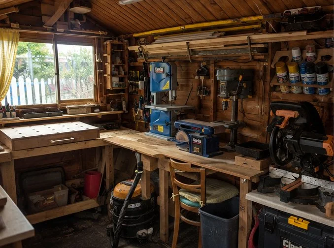 A woodworking workshop with a wooden workbench, various power tools like a drill press and miter saw, and shelves with paint cans and tools, illuminated by a window.