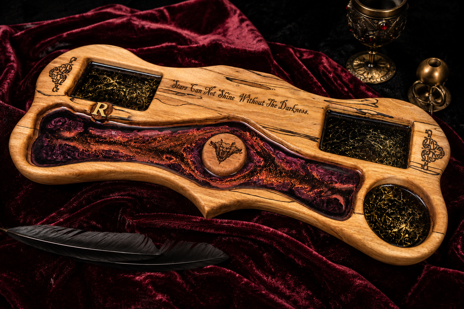 After talking through her daughter’s personality and interests, we discovered a strong love of all things gothic, from vampires and fantasy to the books and films she adored. A beautiful piece of maple with black spalting running through it was perfe