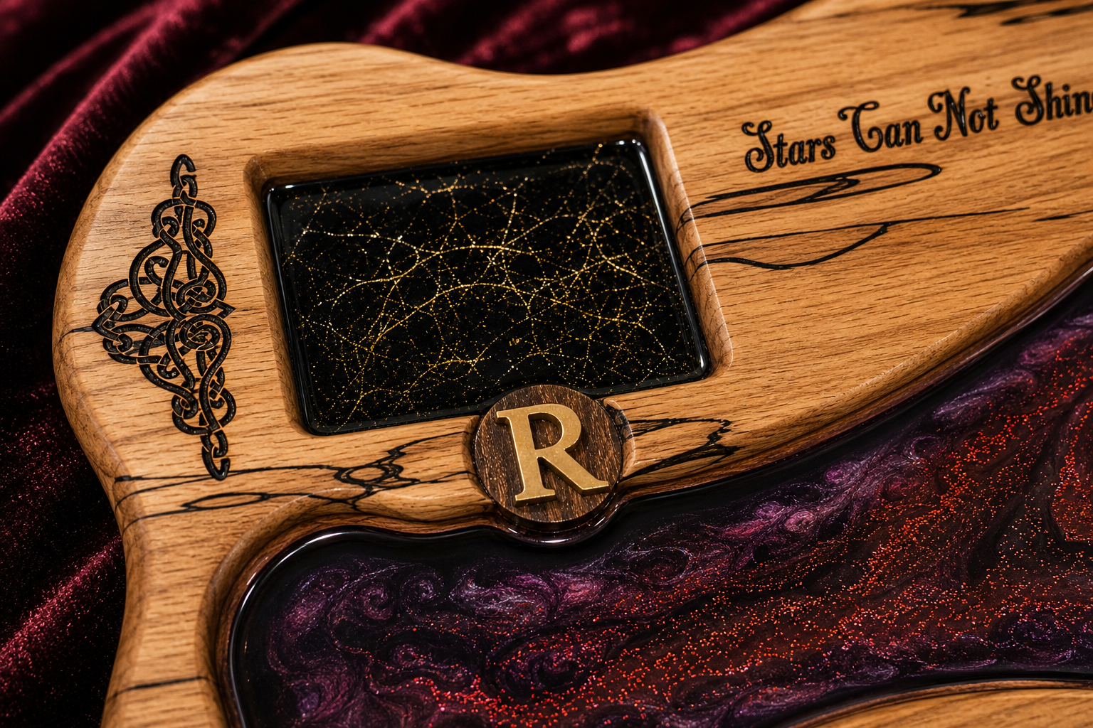 Every element was designed around her personality and interests — from the gold R monogram and gothic emblem to the engraved message.