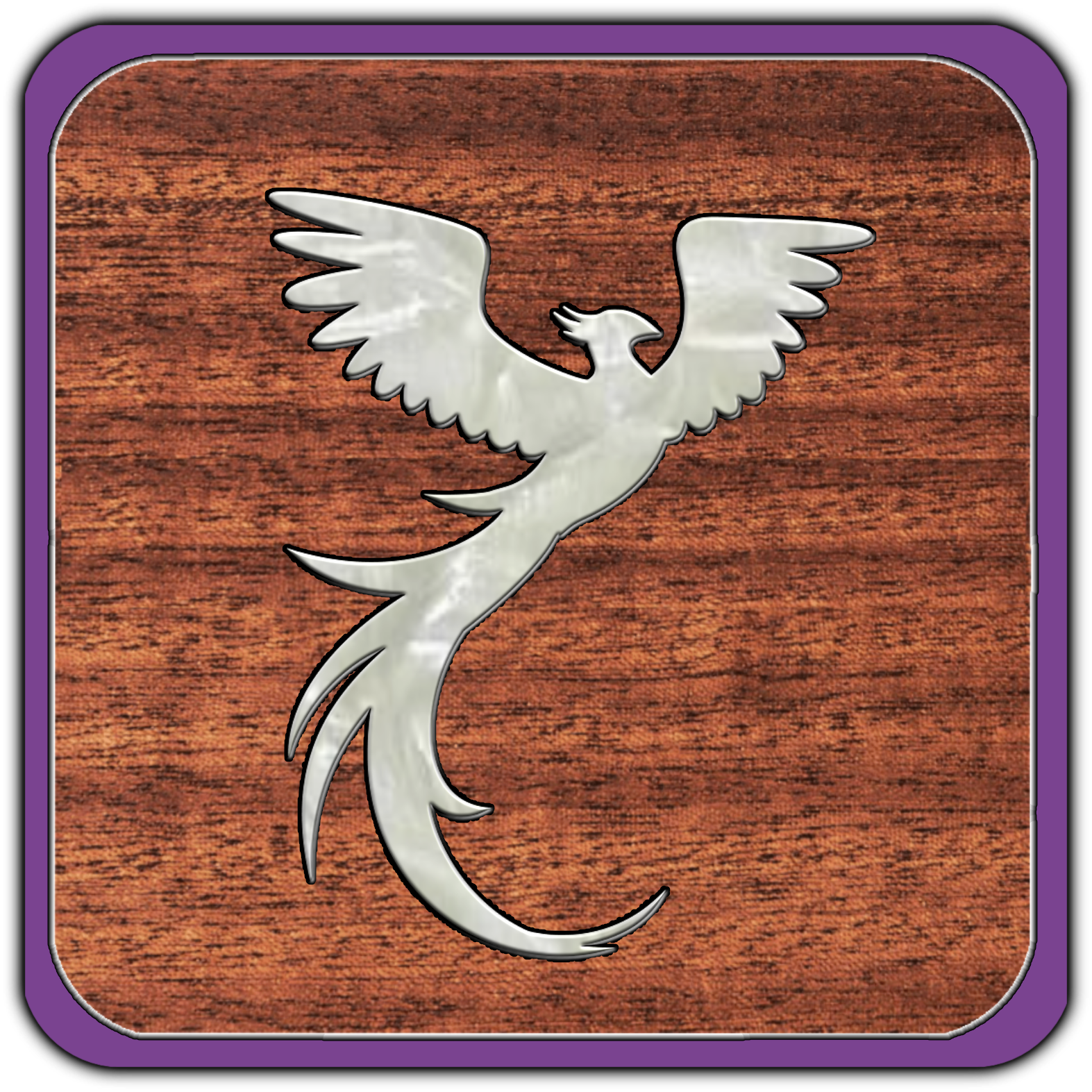 A silver corner of a logo or plaque featuring a stylized bird with outstretched wings on a wooden background, framed by a purple border.