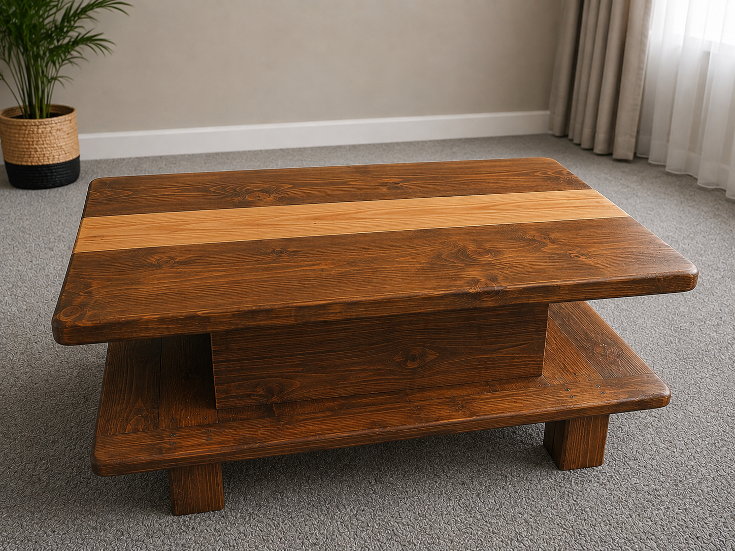 Client wanted a warm rustic-contemporary look. Lower level has space to store items keeping them out of the way.