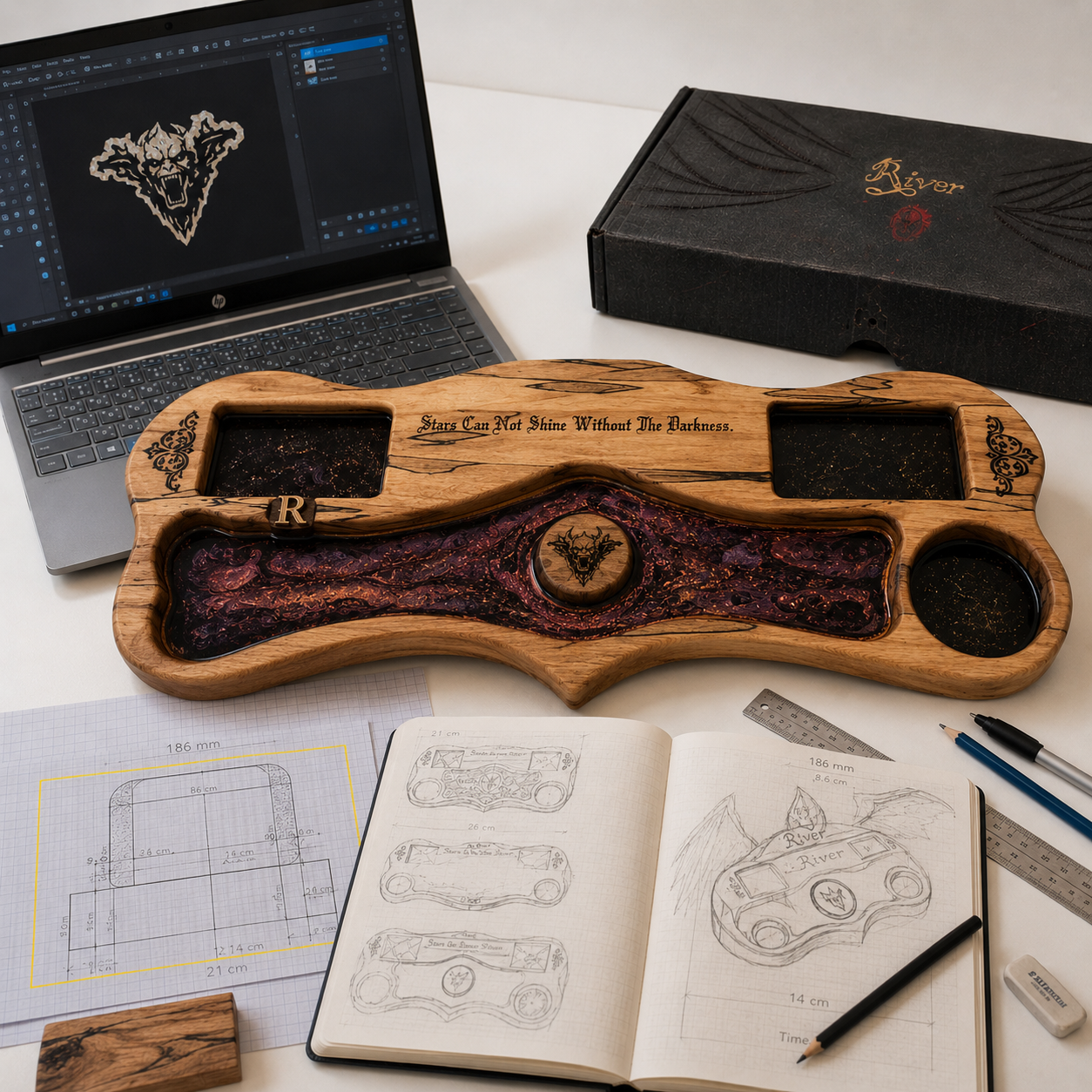 Design development of a gothic-inspired wooden desk organiser, featuring purple epoxy resin detailing, custom engraving, sketches and measured drawings.