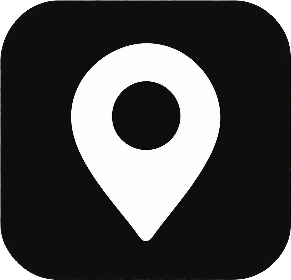 A white map pin icon on a black background, commonly used for location or navigation in digital maps.