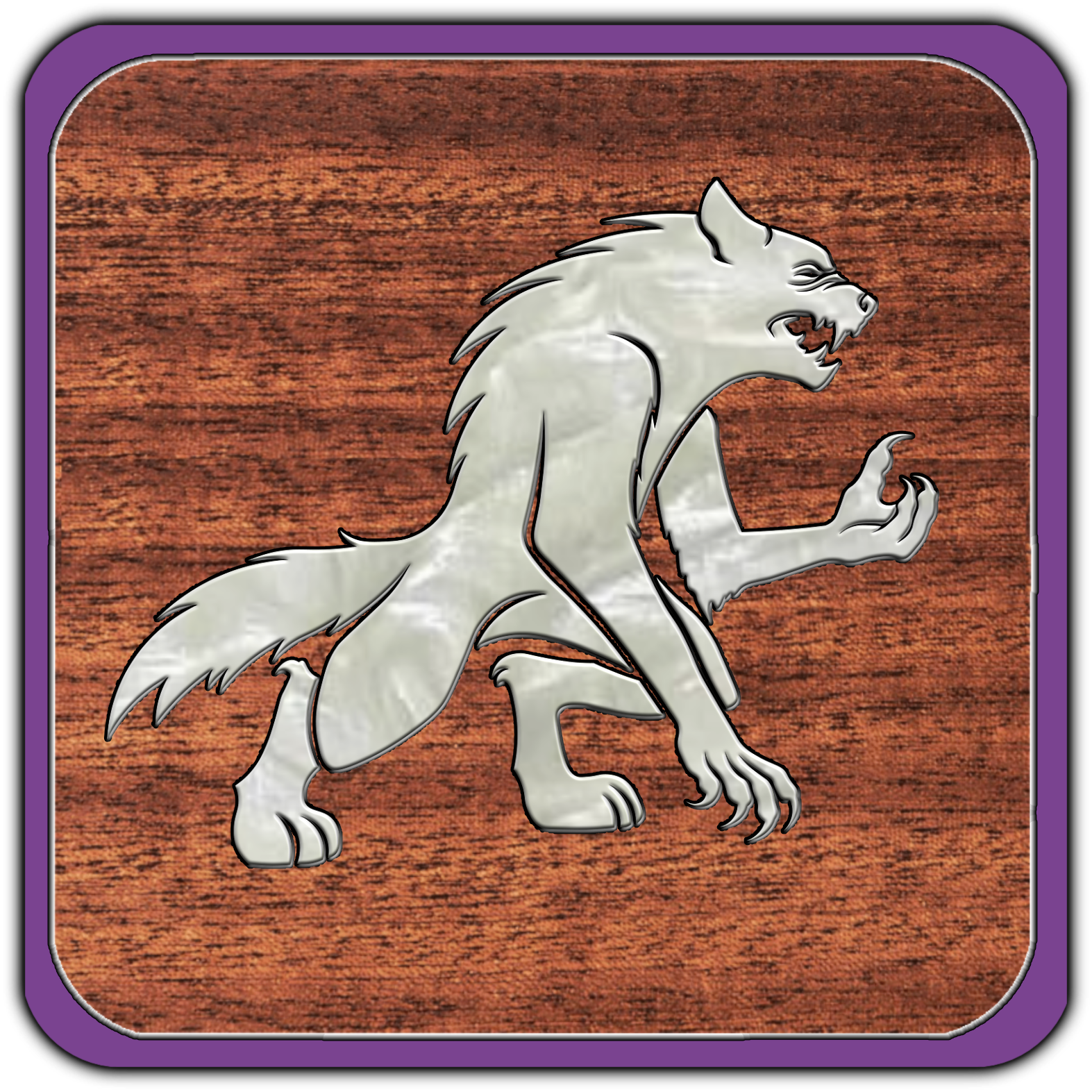 A metallic emblem of a lion standing on its hind legs with its mouth open, on a wooden background with a purple border.