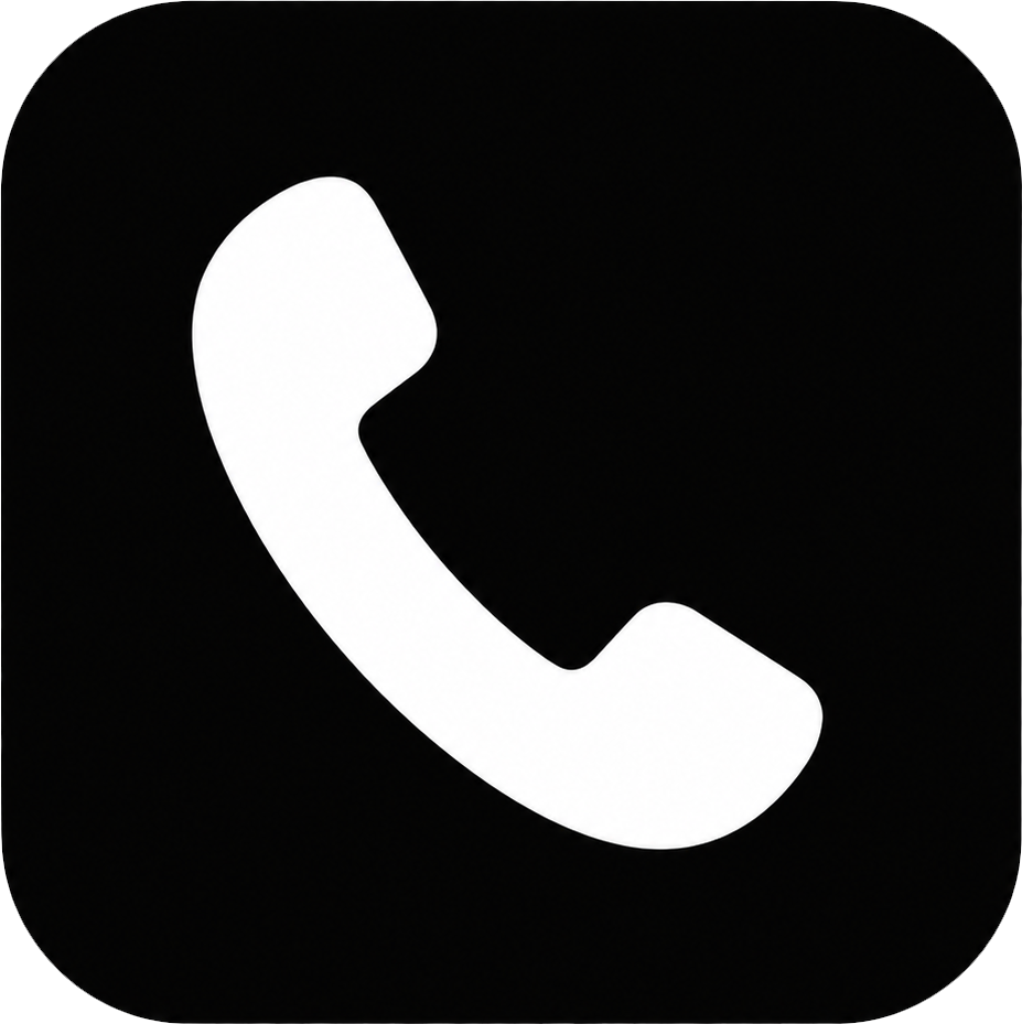 Icon of a white telephone receiver on a black background.