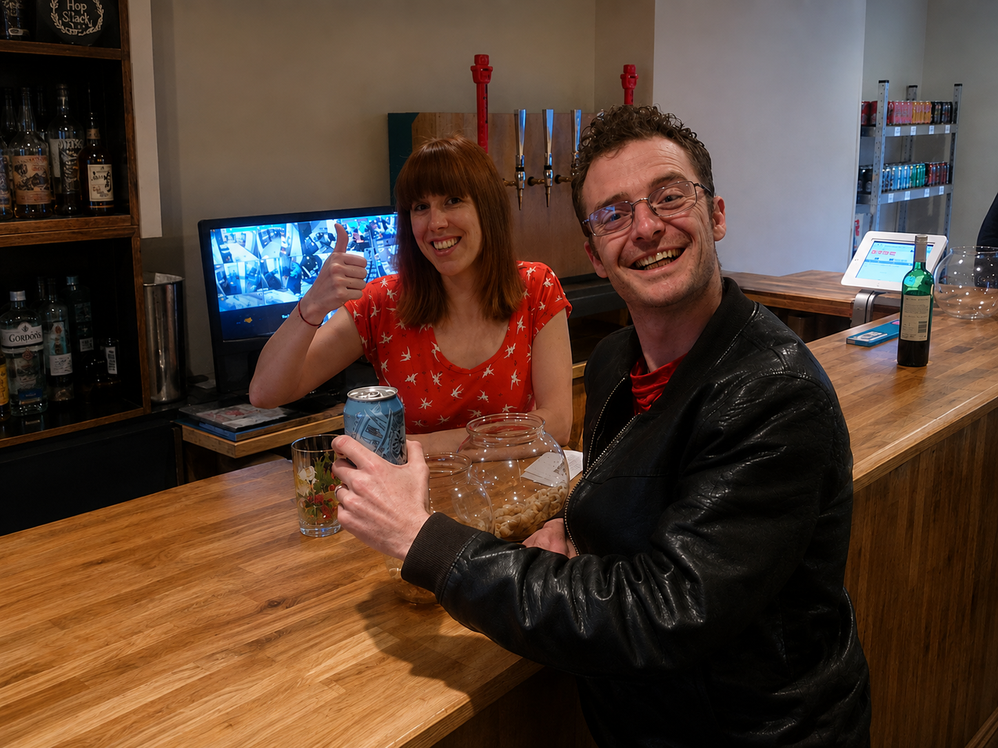 Enjoying a cheeky craft ale with the client. Oak table top was added. 