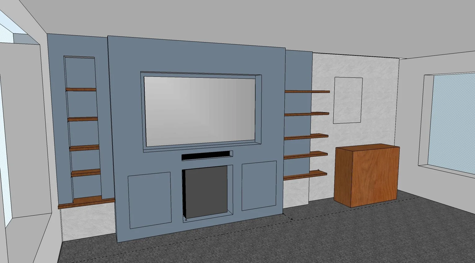 A series of ideas and sketches were created until she was happy with my final proposal. 3D software was then used to help the client visualise the final result. Client also added a space for a new sound bar. 