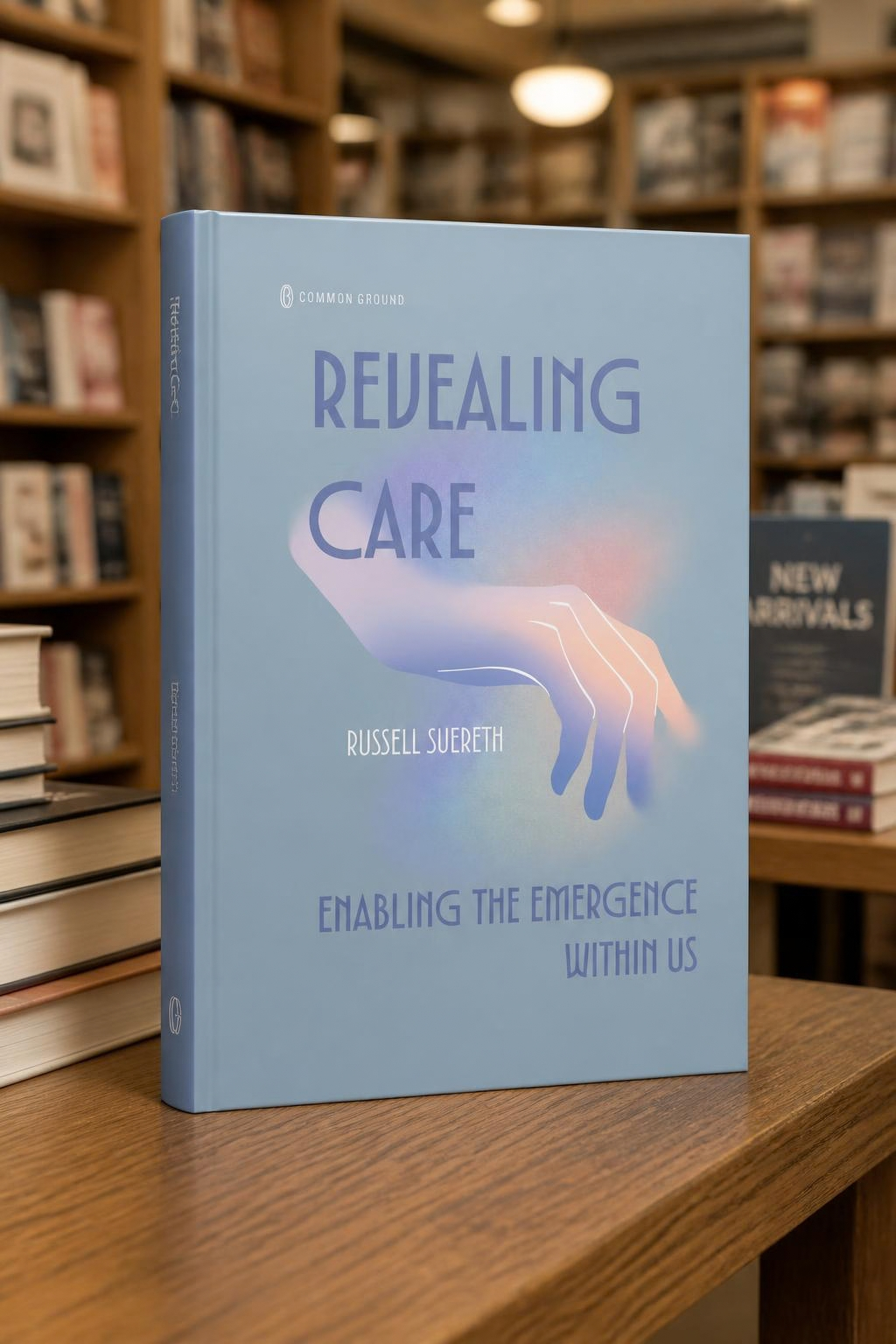 A hardcover book titled 'Revealing Care' by Russell Suereth, with the subtitle 'Enabling the Emergence Within Us,' displayed on a wooden table in a bookstore. The book cover features a minimalist illustration of a hand.